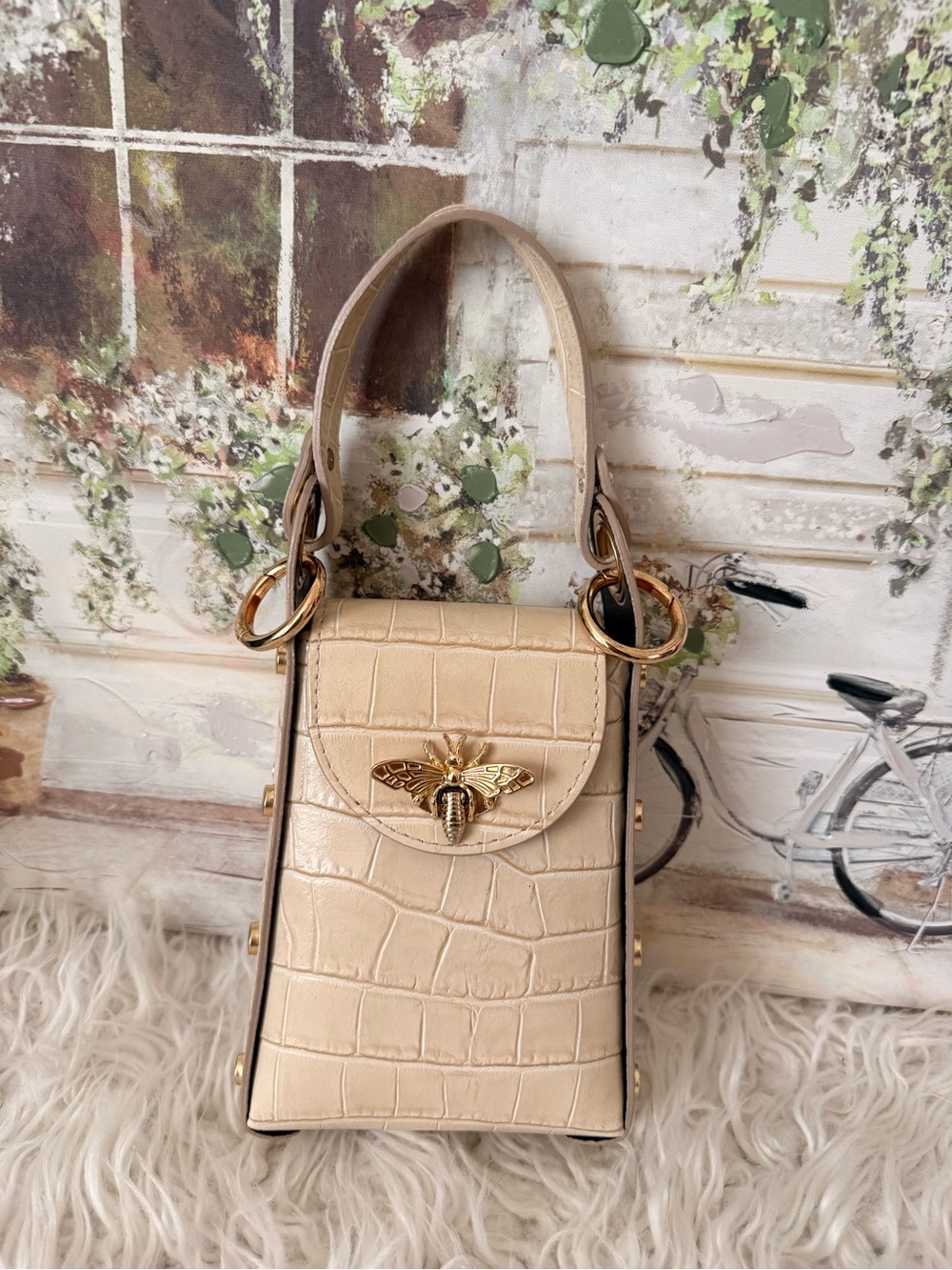Persaman New York Cream Croc-Embossed Mini Top-Handle Bag with Gold Bee
